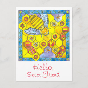 Bee Honeycomb Daisy Flowers Hello Sweet Friend Postcard