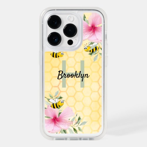 Bee honeycomb florals pink monogram OtterBox iPhone 14 pro case