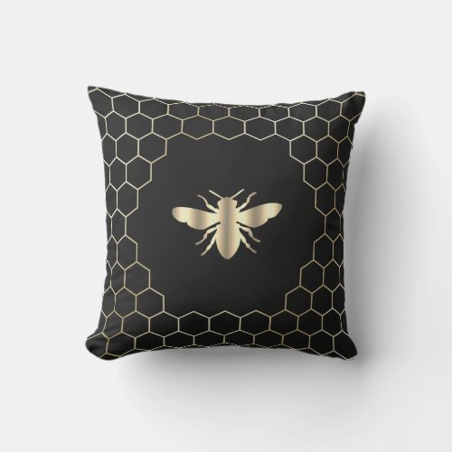 bee honeycomb hexagons design on black outdoor pillow