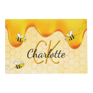 Bee honeycomb honey dripping monogram placemat