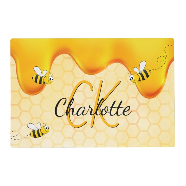 Bee honeycomb honey dripping monogram placemat (Front)