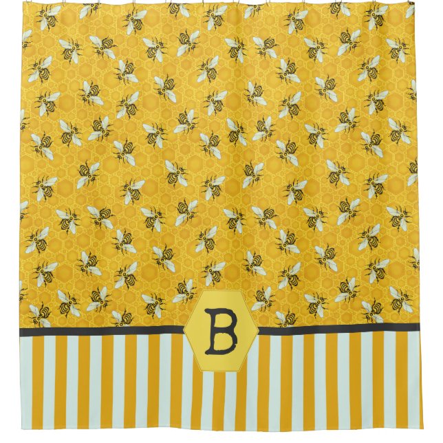 Bee Honeycomb Honeybee Beehive Bumblebee Monogram Shower Curtain (Front)