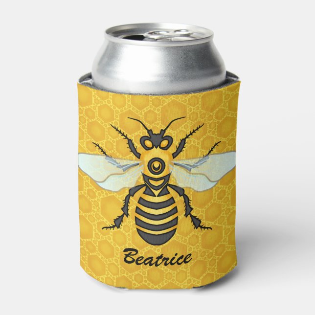 Bee Honeycomb Personalized Name Honeybee Hive Can Cooler (Can Front)