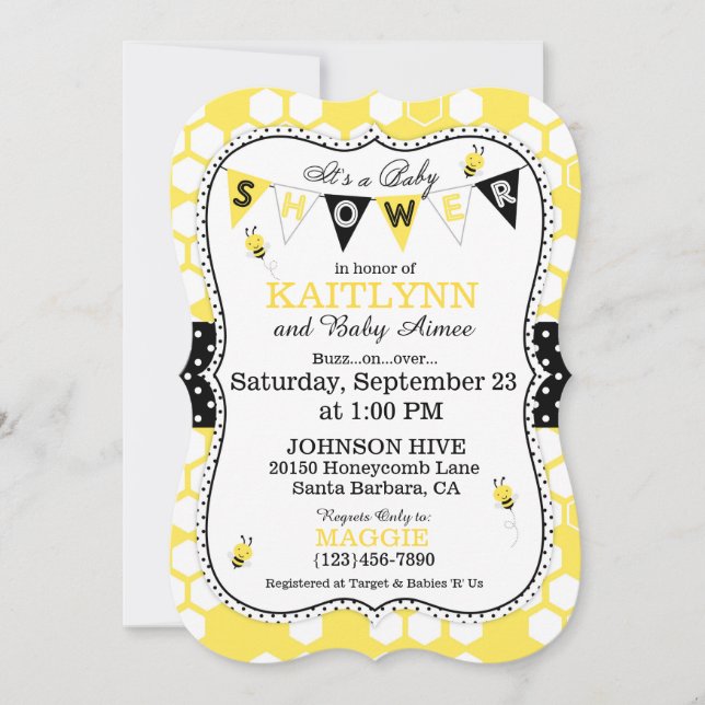 Bee Honeycomb Polka Dot Print Baby Shower Invites (Front)