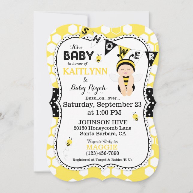 Bee Honeycomb Polka Dot Print Baby Shower Invites (Front)