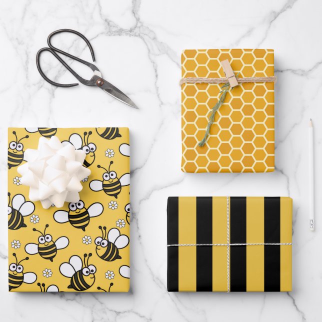 Bee Honeycomb Wrapping Paper Set of 3 (Front)