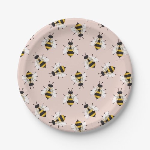 Bee Illustration Pink Patterned Paper Plate