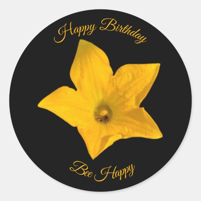 Bee in Squash Blossom Happy Birthday Sticker (Front)