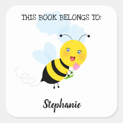 Bee in Tulip Garden This Book Belongs to Square Sticker