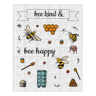 Bee kind and happy cute bees word art jigsaw puzzle