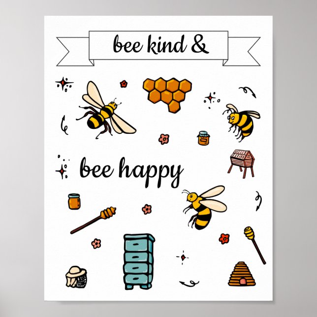 Bee kind and happy cute bees word art poster (Front)