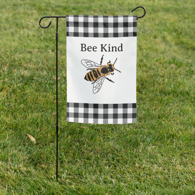 Bee Kind Black Check Garden Flag (In SItu)