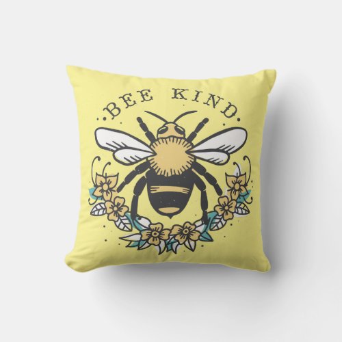 Bee Kind Bumblebee and Flowers Outdoor Pillow