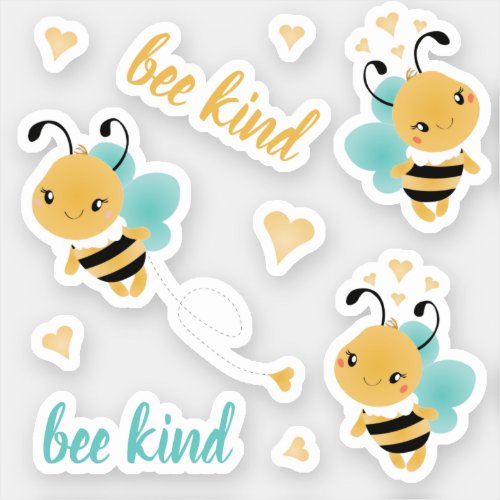 Bee Kind Bumblebee Hearts Yellow Blue Sticker