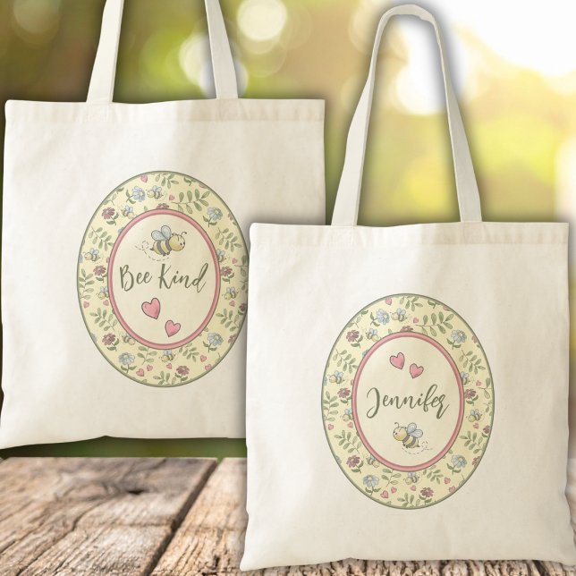 Bee Kind Bumblebee Personalized Tote Bag (. Bee Kind Inspirational Tote – Add Your Name  )