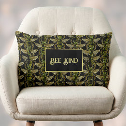 Bee Kind Elegant Gold and Black Bee Pattern Lumbar Pillow