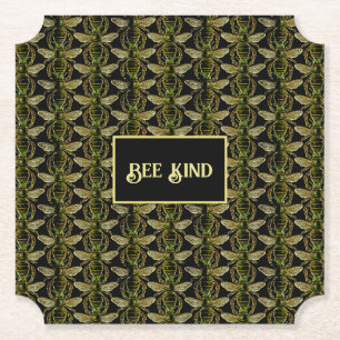 Bee Kind Elegant Gold and Black Bee Pattern Paper Coaster