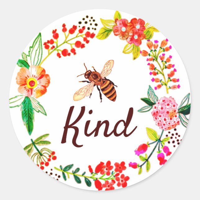 Bee kind floral classic round sticker (Front)