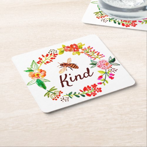 Bee kind floral   square paper coaster