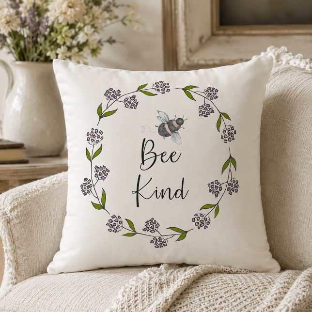 Bee Kind Floral Wreath Throw Pillow (Bee Kind Pillow)