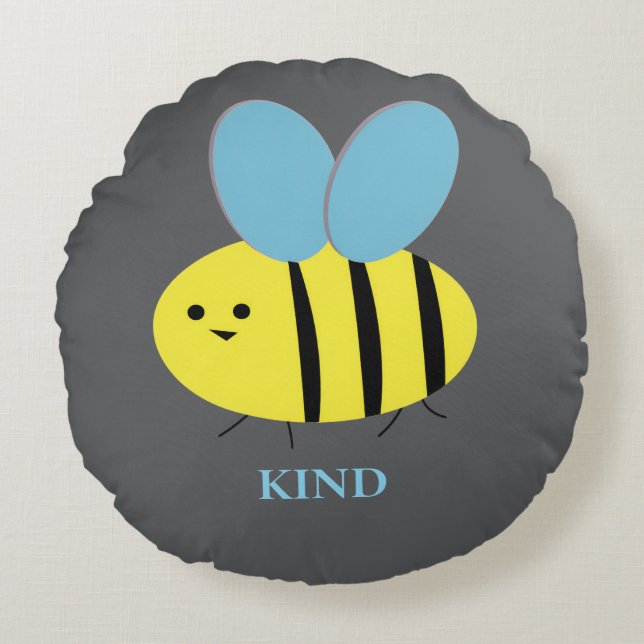 Bee Kind Grey Blue Round Pillow (Front)