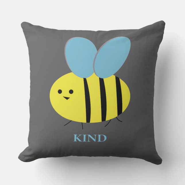 Bee Kind Grey Blue Throw Pillow (Front)