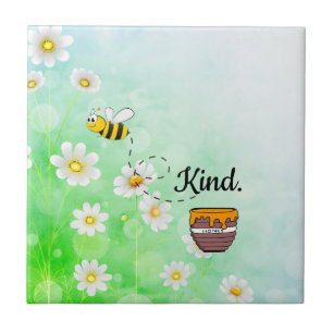 Bee Kind Honey Floral Cute Bee Positive Quote Ceramic Tile