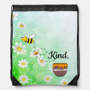 Bee Kind Honey Floral Cute Bee Positive Quote Drawstring Bag