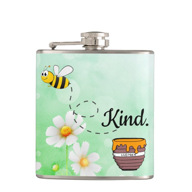 Bee Kind Honey Floral Cute Bee Positive Quote Flask (Front)