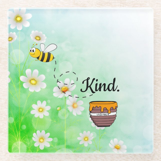 Bee Kind Honey Floral Cute Bee Positive Quote Glass Coaster (Front)