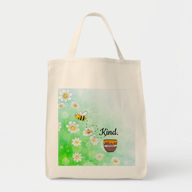 Bee Kind Honey Floral Cute Bee Positive Quote Tote Bag (Front)
