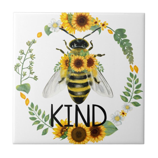 Bee Kind Painted Sunflowers Kindness Ceramic Tile (Front)