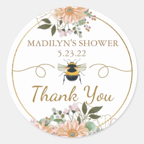 Bee Kind Pink Floral Bridal Shower Thank You Classic Round Sticker