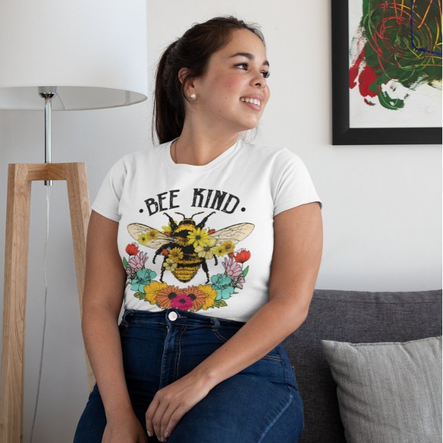 Bee Kind Wild Flowers Graphic Casual Women's  Plus Size T-Shirt (Creator Uploaded)