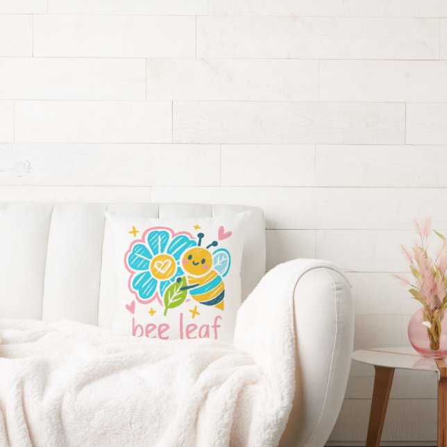 Bee Leaf' Crayon Art: Happy Bumblebee Animal Lover Throw Pillow (Couch)