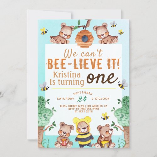 Bee_lieve It Honey Bear Birthday Invitation