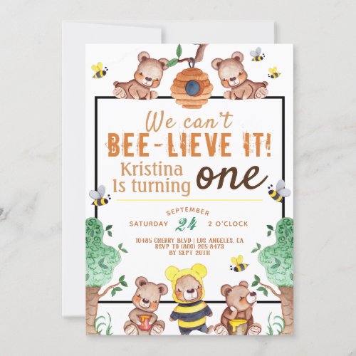 Bee_lieve It Honey Bear Birthday Invitation