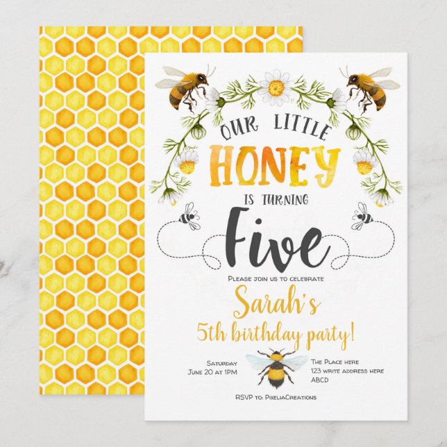 Bee, little honey, Bumble Bee, Girl, 5th Birthday Invitation (Front/Back)