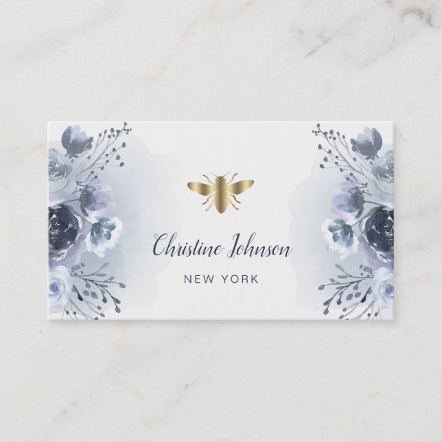 bee logo and blue floral decor business card (Front)