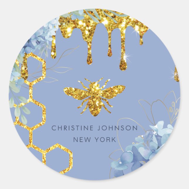 bee logo and blue hydrangea classic round sticker (Front)