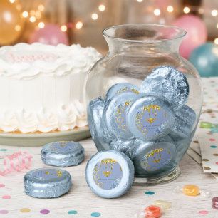 bee logo and blue hydrangea dipped oreo cookie favors