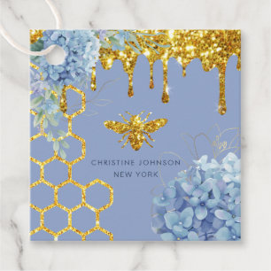 bee logo and blue hydrangea favor tags