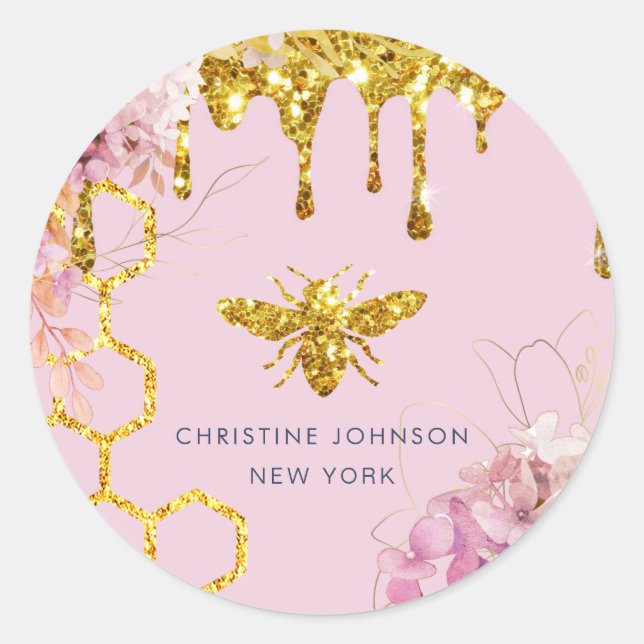 bee logo and pink hydrangea classic round sticker (Front)