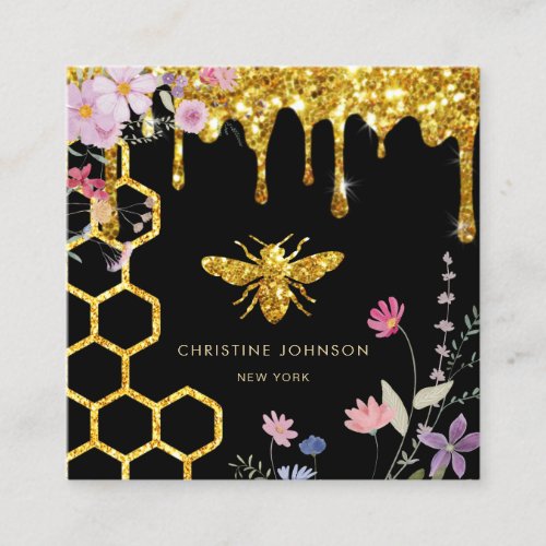 bee logo and wildflowers square business card