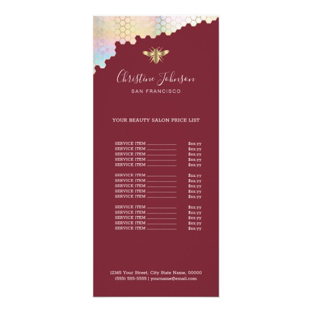 bee logo price list on marsala red rack card (Front)