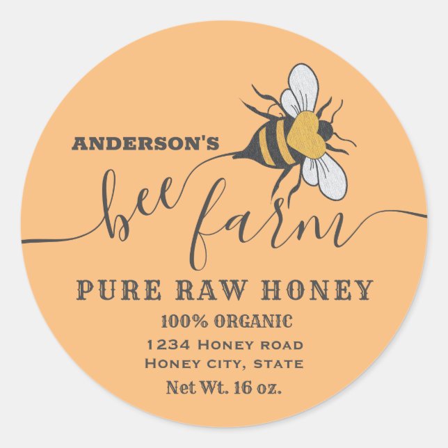 Bee logo script bee farm honey jar label (Front)