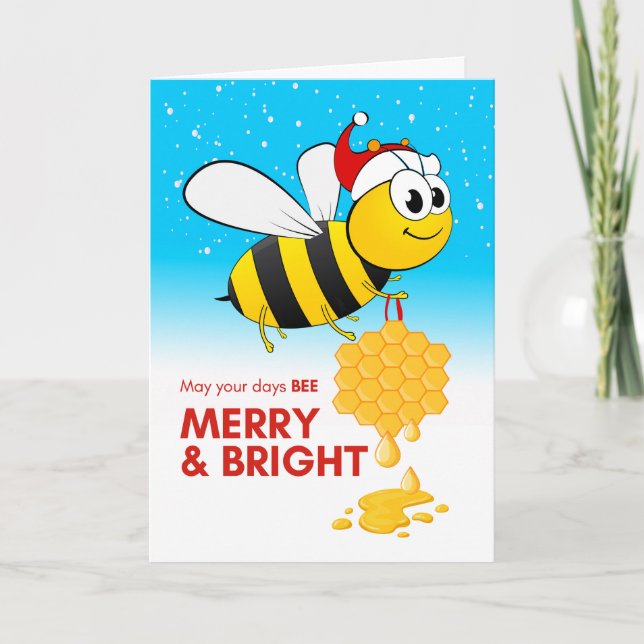 Bee Merry and Bright Cute Bee with Honey Ornament Card (Front)