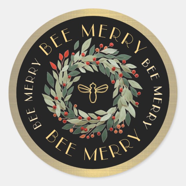 BEE Merry Apiary Beekeeper Christmas Wreath & Bee Classic Round Sticker (Front)