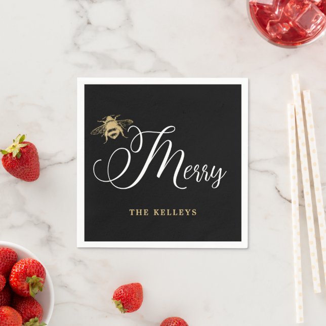 Bee Merry, Black and Gold Holiday Napkins (Insitu)
