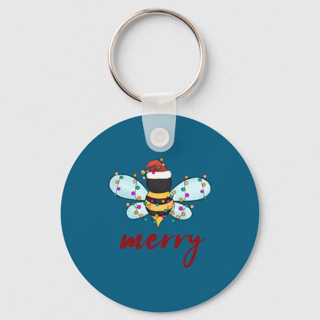 Bee Merry Christmas Bee In Santa Hat Cute Merry Xm Keychain (Front)